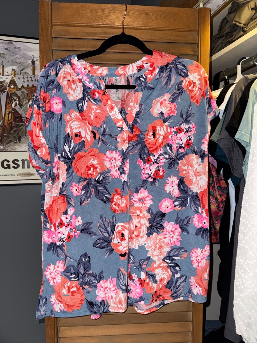 Floral Blouse with Coral & Pink Blooms